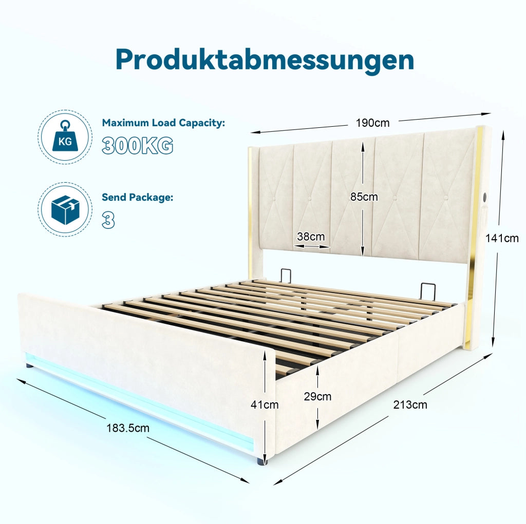 Letto 180x200 cm con contenitore; LED; USB e Type-C in velluto beige