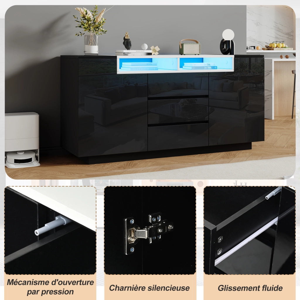 Credenza soggiorno nera 140 cm mobile buffet lucido con LED e cassetti