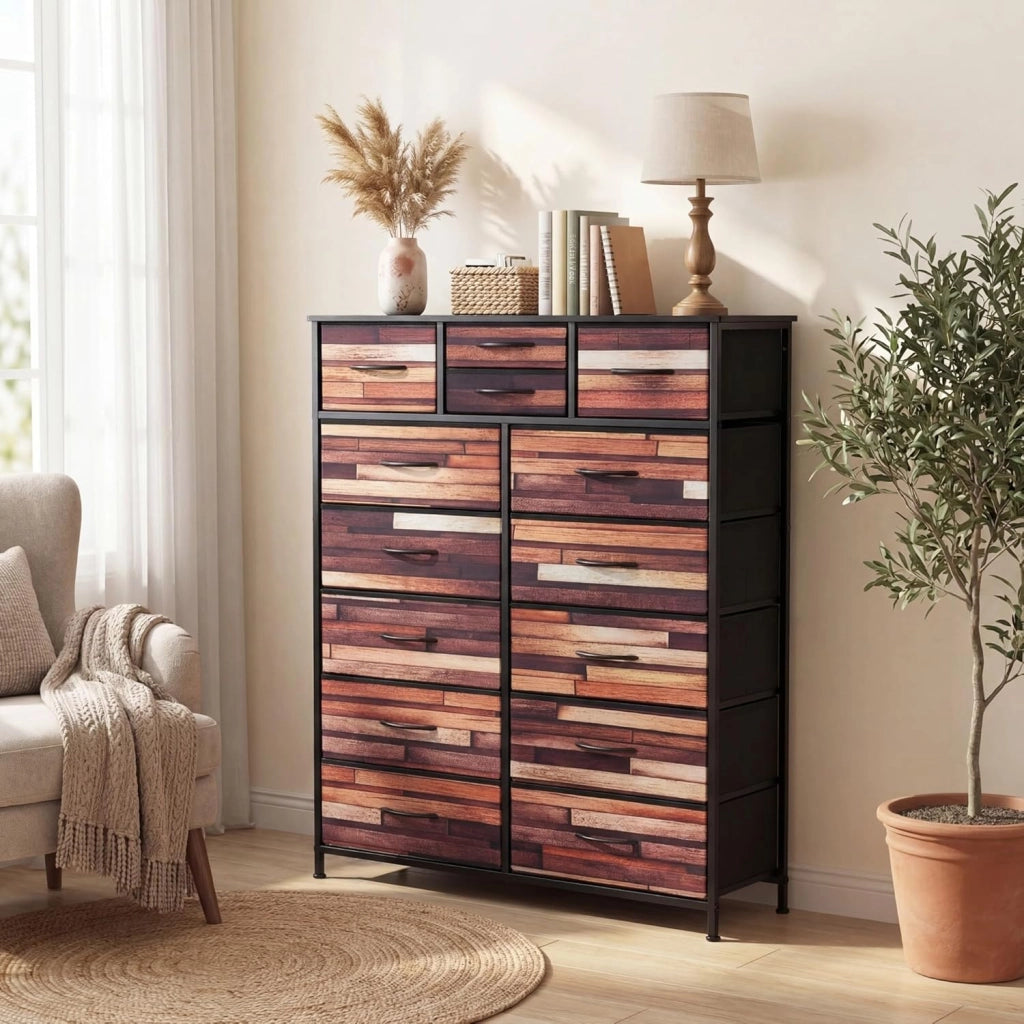 Cassettiera Camera da Letto con 11/14 Cassetti Pieghevoli, Credenza Soggiorno, Mobiletto Contenitore, Comò Multiuso per Salotto, Ingresso, Stile Industriale, in Legno, Metallo (85 x 30 x 120 cm)
