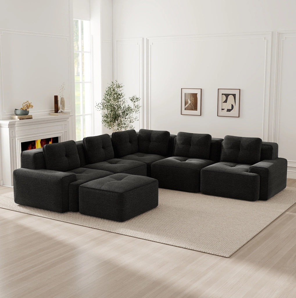 Divano angolare modulare in velluto a coste; 295x295x69 cm; nero