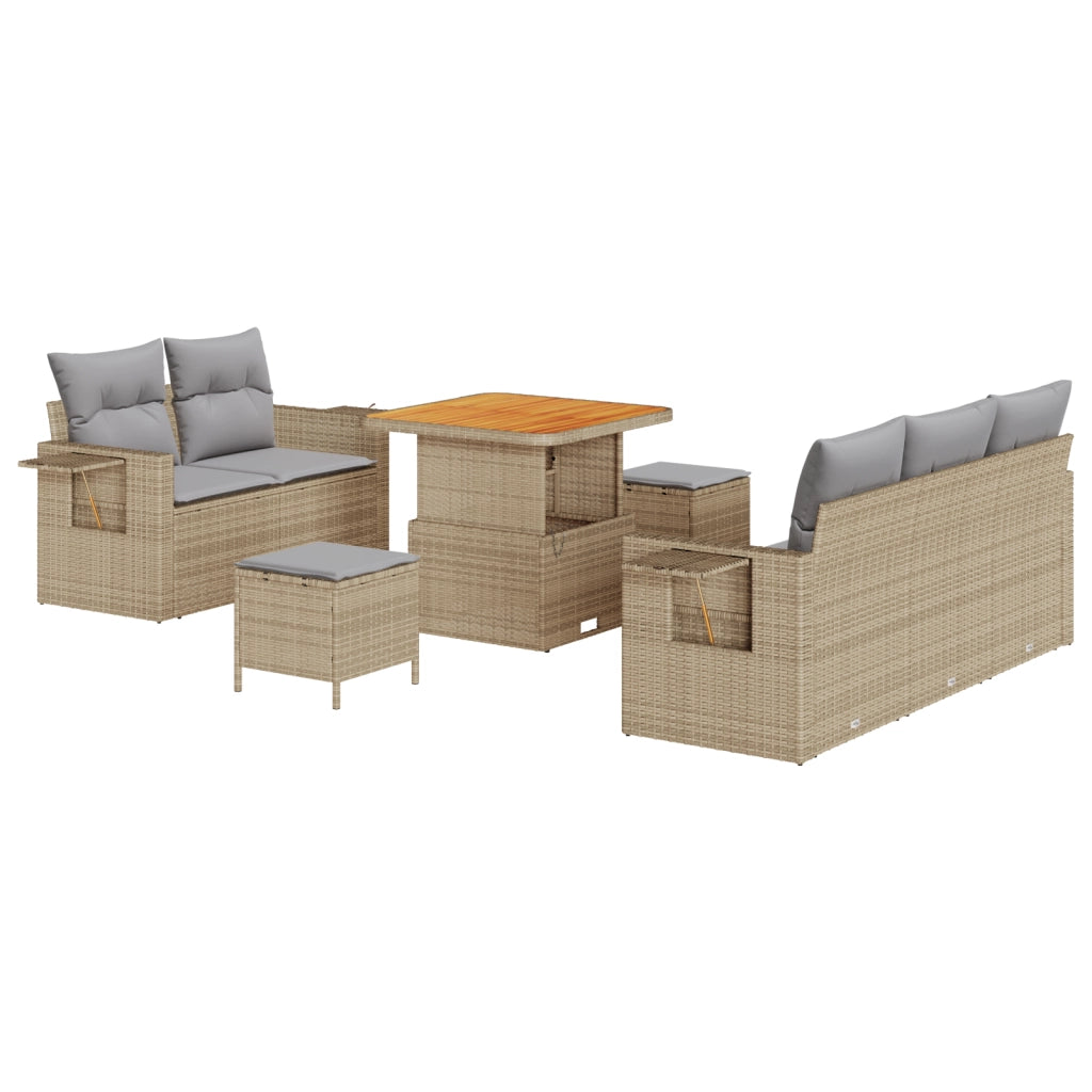 Set divani giardino  8 pezzi con cuscini beige in rattan poliestere e acacia