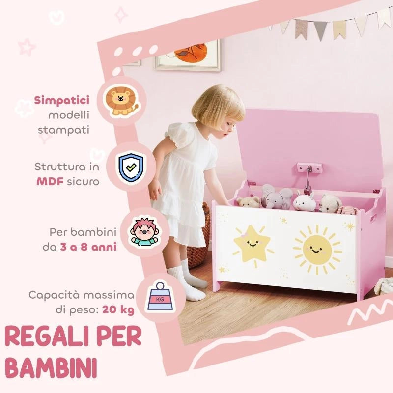 BAULE PORTAGIOCHI CON COPERCHIO PER BAMBINI PER GIOCATTOLI E VESTITI, 60X37X39 CM, ROSA