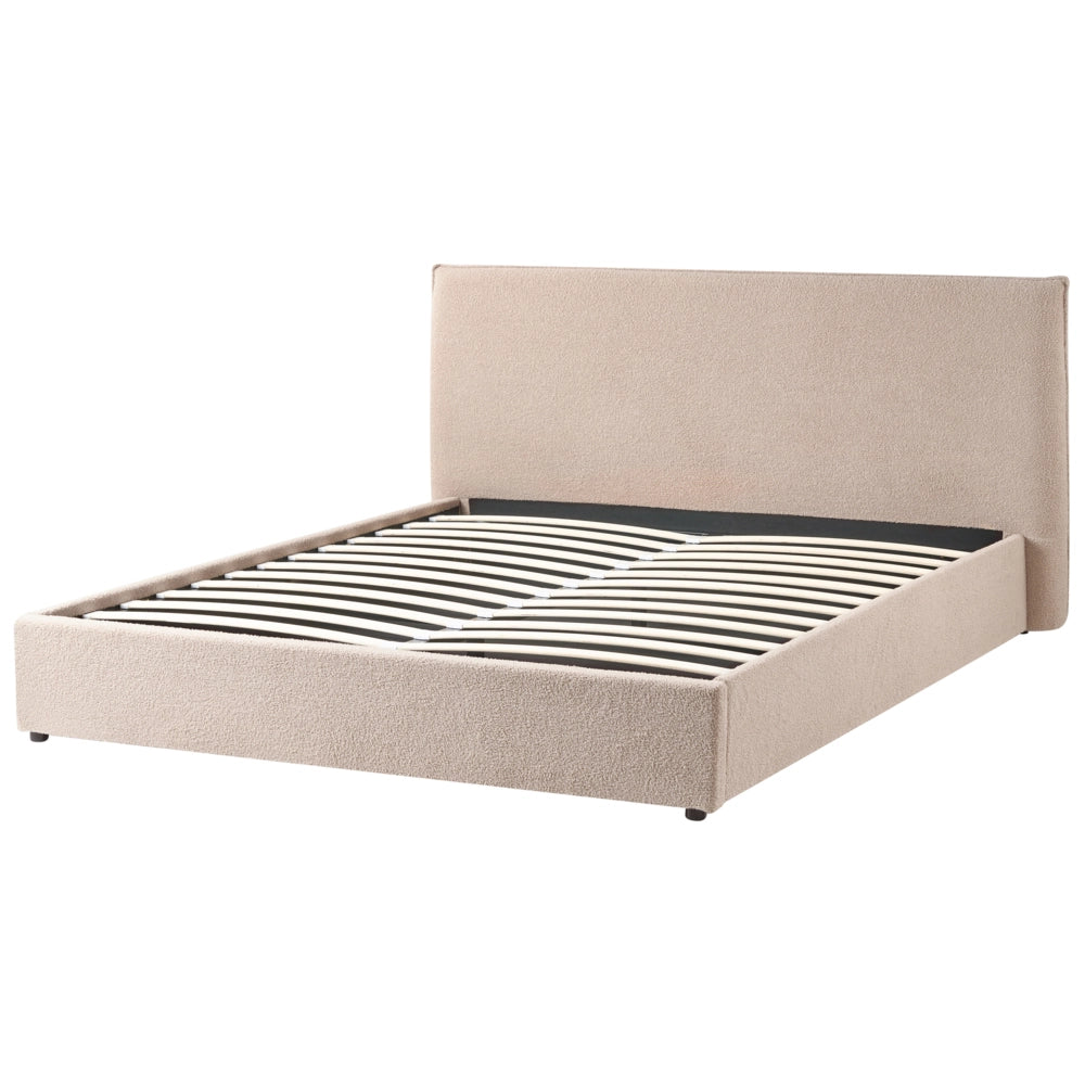 Letto matrimoniale con contenitore in tessuto bouclé tortora con testiera 180 x 200 cm Doghe in legno
