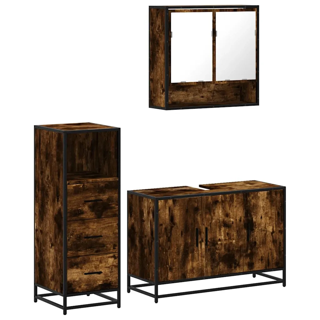 Set Mobili da Bagno | Armadio da bagno 3 pz Rovere Fumo in Legno Multistrato