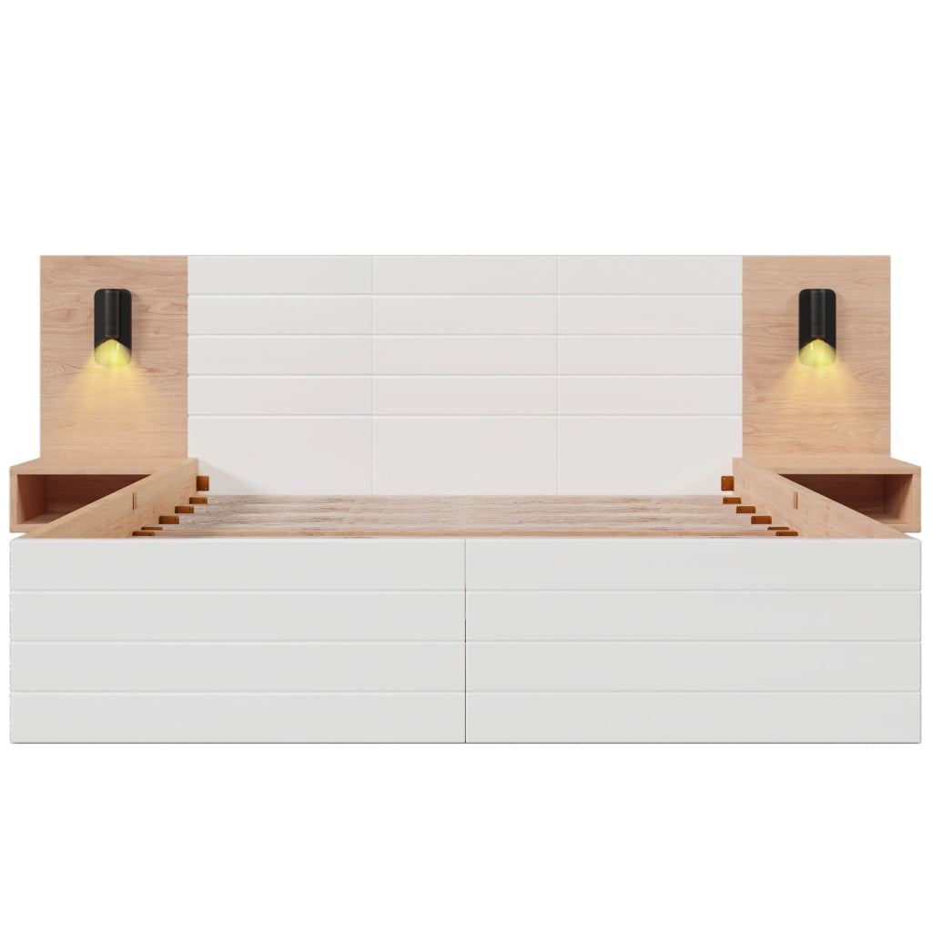 Letto matrimoniale 140x200 cm in legno massiccio e MDF con 2 cassetti, luce LED da lettura, USB e materasso