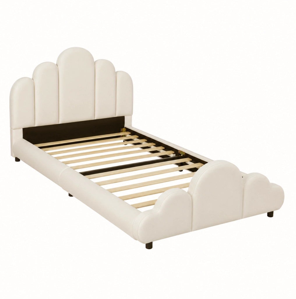 Letto singolo imbottito 90x200 cm in velluto beige; con rete inclusa e angoli arrotondati