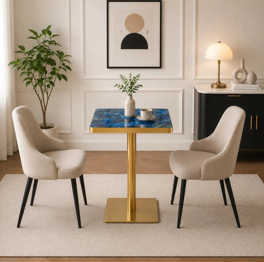 Tavolo quadrato da pranzo 60x60 cm effetto marmo; struttura in metallo; blu