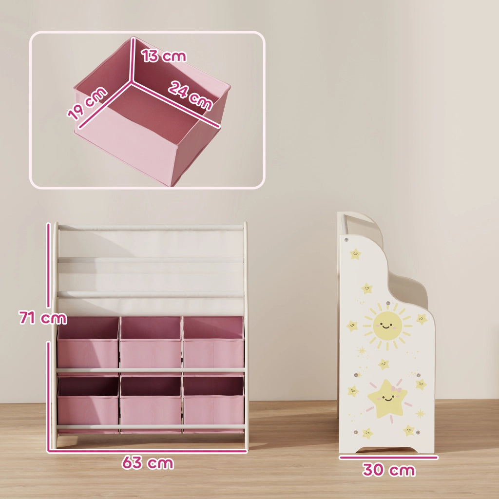 Scaffale Portagiochi con 6 Cassetti in Tessuto e Libreria a 2 Livelli, in Legno e Acciaio, 63x30x71 cm, Rosa