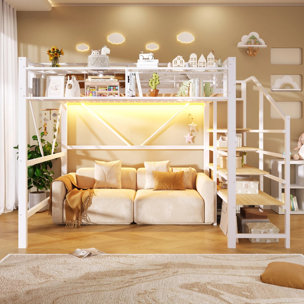 LETTO a soppalco 140x200 cm in metallo e MDF bianco con ripiani laterali