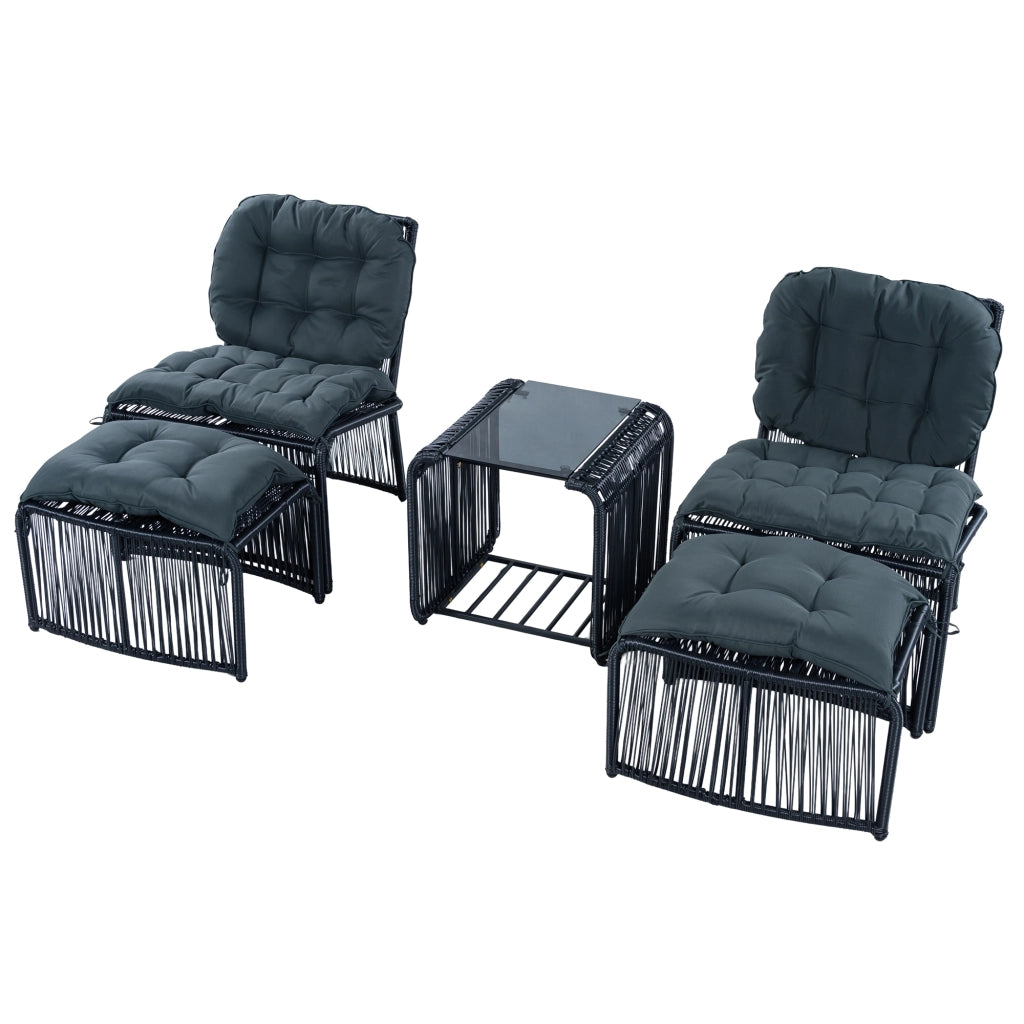 Set Giardino 5 Pezzi con Tavolo, Sedie e Sgabelli ¨C MINIMAL ¨C Polyrattan PE, Cuscini, Piano in Vetro