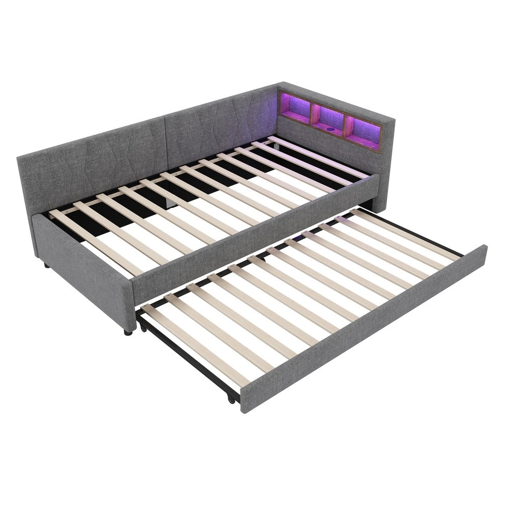 Letto Singolo con Rete a Doghe e LED, Estraibile ¨C MINIMAL ¨C Tessuto Grigio 90x200