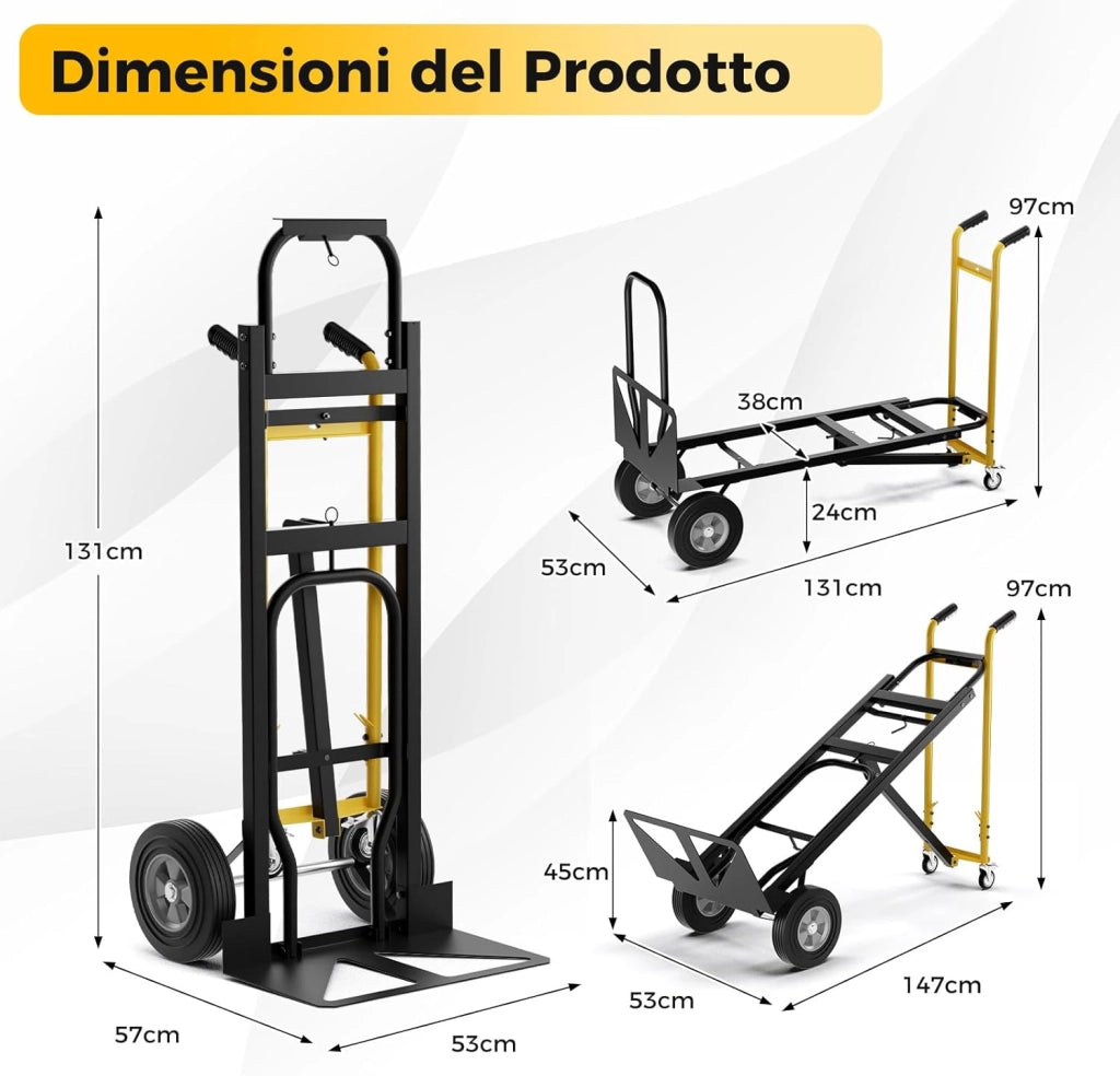 3 in 1 Carrello a Mano, Carrello Portapacchi con 4 Ruote in Gomma, Carrello Pieghevole per Trasporto e Spostamento in Magazzino, Casa, Portata Massima 450 kg