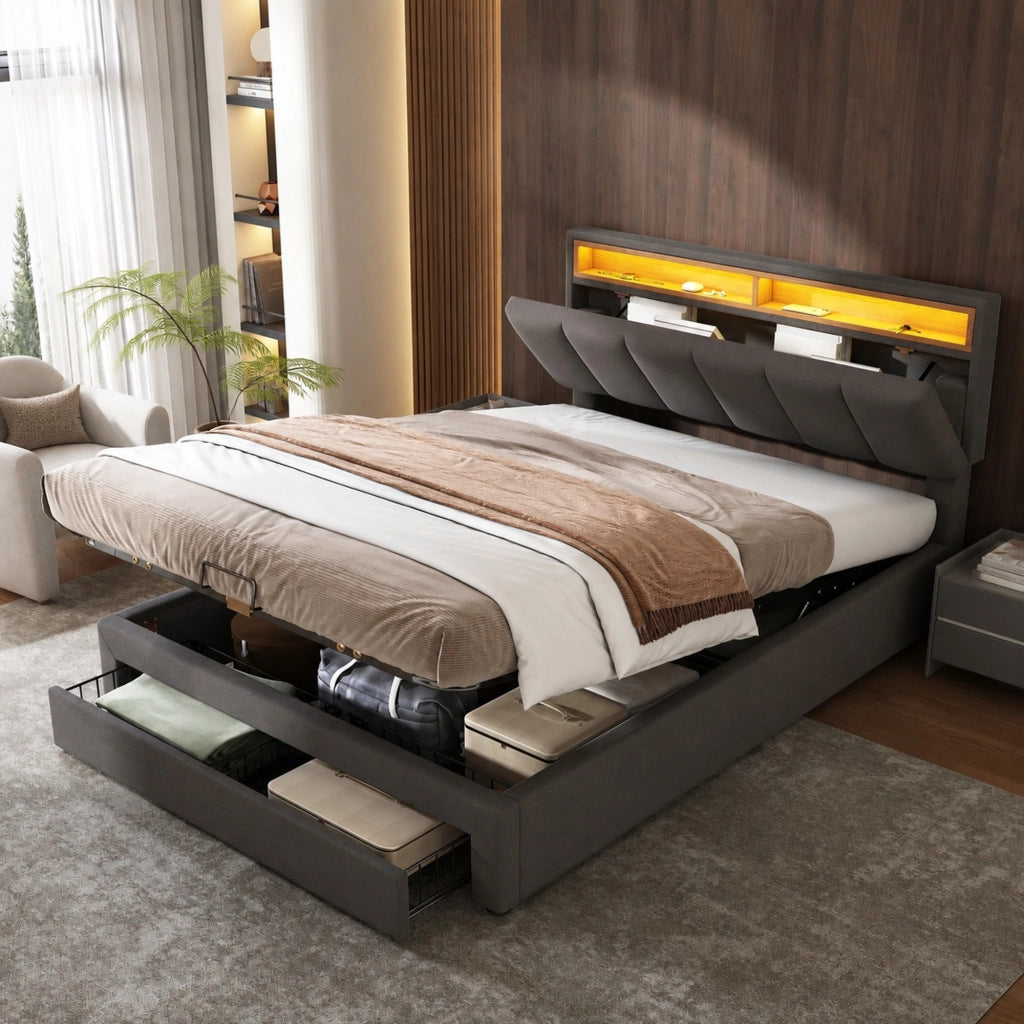 Letto imbottito 140x200 cm grigio con LED, rete a doghe, vano contenitore sottoletto e struttura in MDF