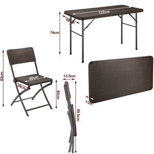 Set Tavolo Pieghevole 122x60x74 cm con 4 Sedie da Giardino in Polyrattan e Acciaio Inox Marrone