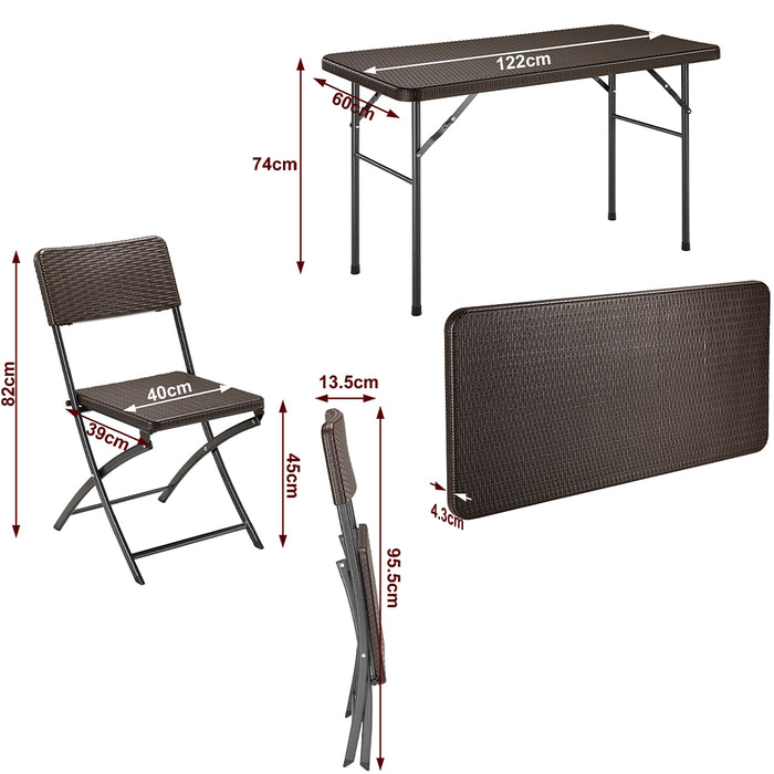 Set Tavolo Pieghevole 122x60x74 cm con 4 Sedie da Giardino in Polyrattan e Acciaio Inox Marrone
