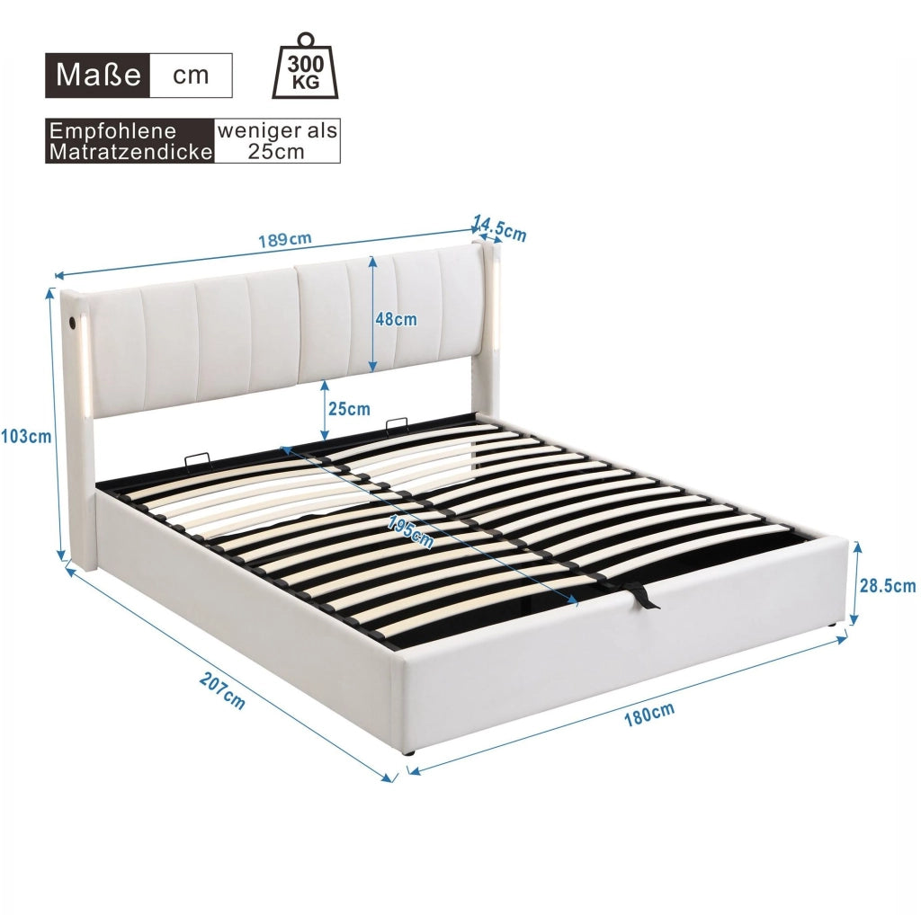 Letto contenitore 180x200 cm con LED; USB C e testiera regolabile; PU bianco