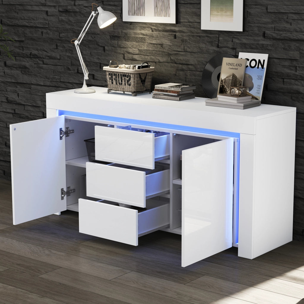 Credenza con 2 ante e 3 cassetti; LED; per soggiorno; in MDF; 140×40×65 cm; bianco