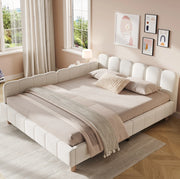 Letto per bambini 140x190 cm in velluto beige con testiera ergonomica e tasche laterali