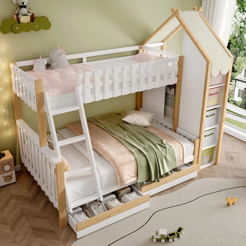 Letto a castello per bambini 90x200 cm + 140x200 cm con scala; 2 cassetti e contenitori; bianco e naturale