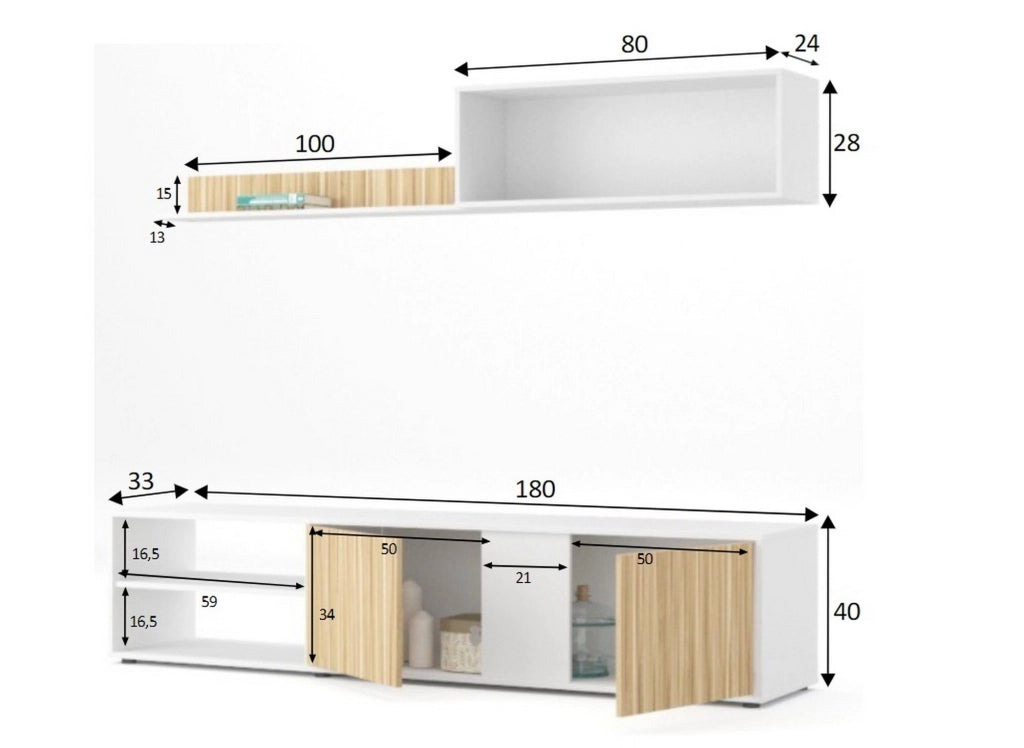 Mobile Soggiorno Agrestino, Parete Attrezzata 4 Ripiani, 180x33x40h cm Bianco