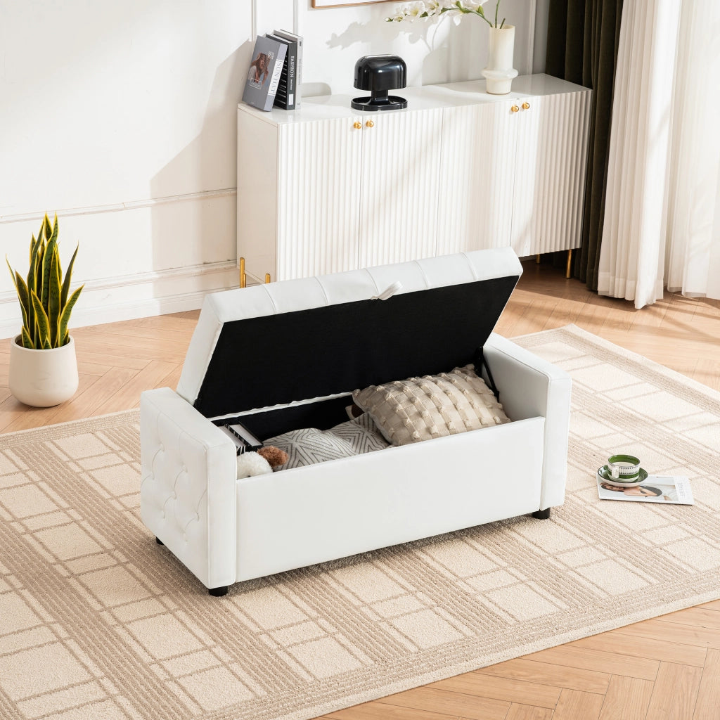 Panca contenitore rettangolare con seduta imbottita e vano portaoggetti, in legno e tessuto bianco 122 × 45 × 47 cm