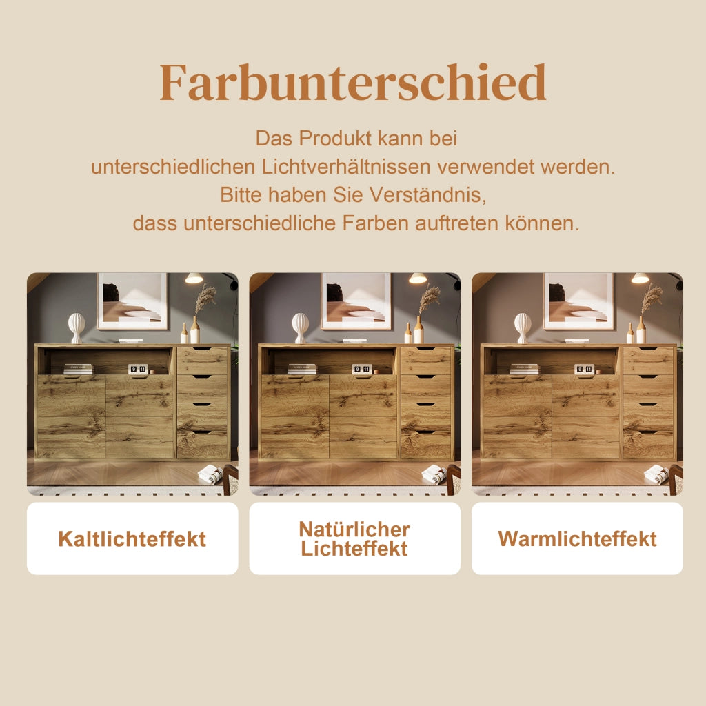 COMMODE Sideboard 150x40x90 cm effetto rovere con 2 ante, 4 cassetti e vano aperto