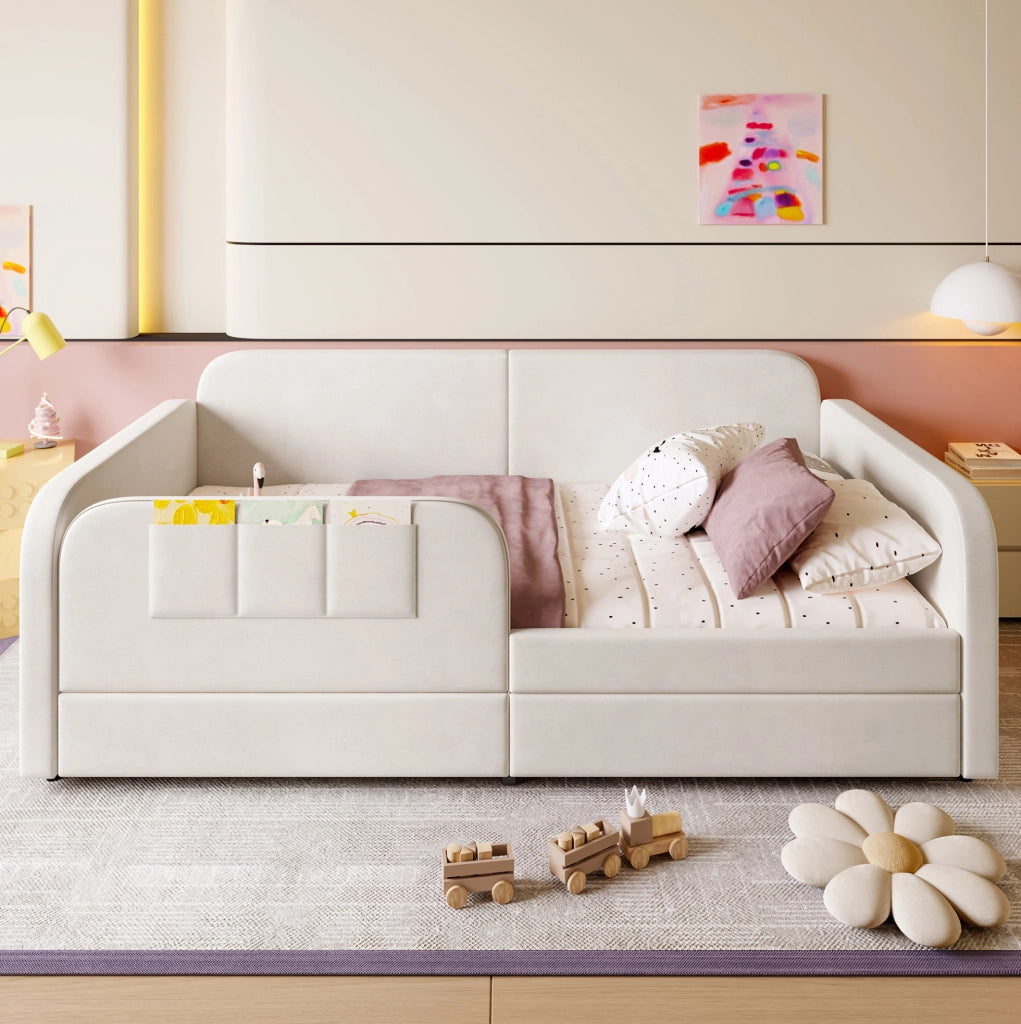 Letto imbottito 90x200 cm con contenitore e tasche in velluto bianco