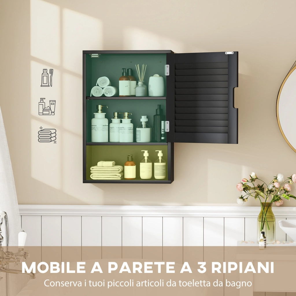 Armadietto Bagno a Parete 40x20x60 cm con Ripiano Regolabile e Anta Ammortizzata in MDF Nero