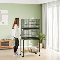 Gabbia per Uccelli in Acciaio e PP, Design Impilato con Posatoi, Altalene e Scalette, 77x46x164 cm, Nero