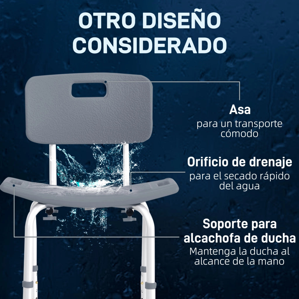 Sgabello da doccia con schienale antiscivolo e altezza regolabile ¨C zephmum ¨C 8 livelli, carico 136 kg