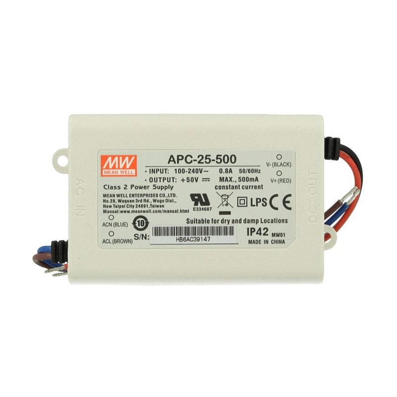 Led Driver CC MW MEAN WELL Serie APC Trasformatore Corrente Costante IP42 (500mA 15V-50VDC 25W)