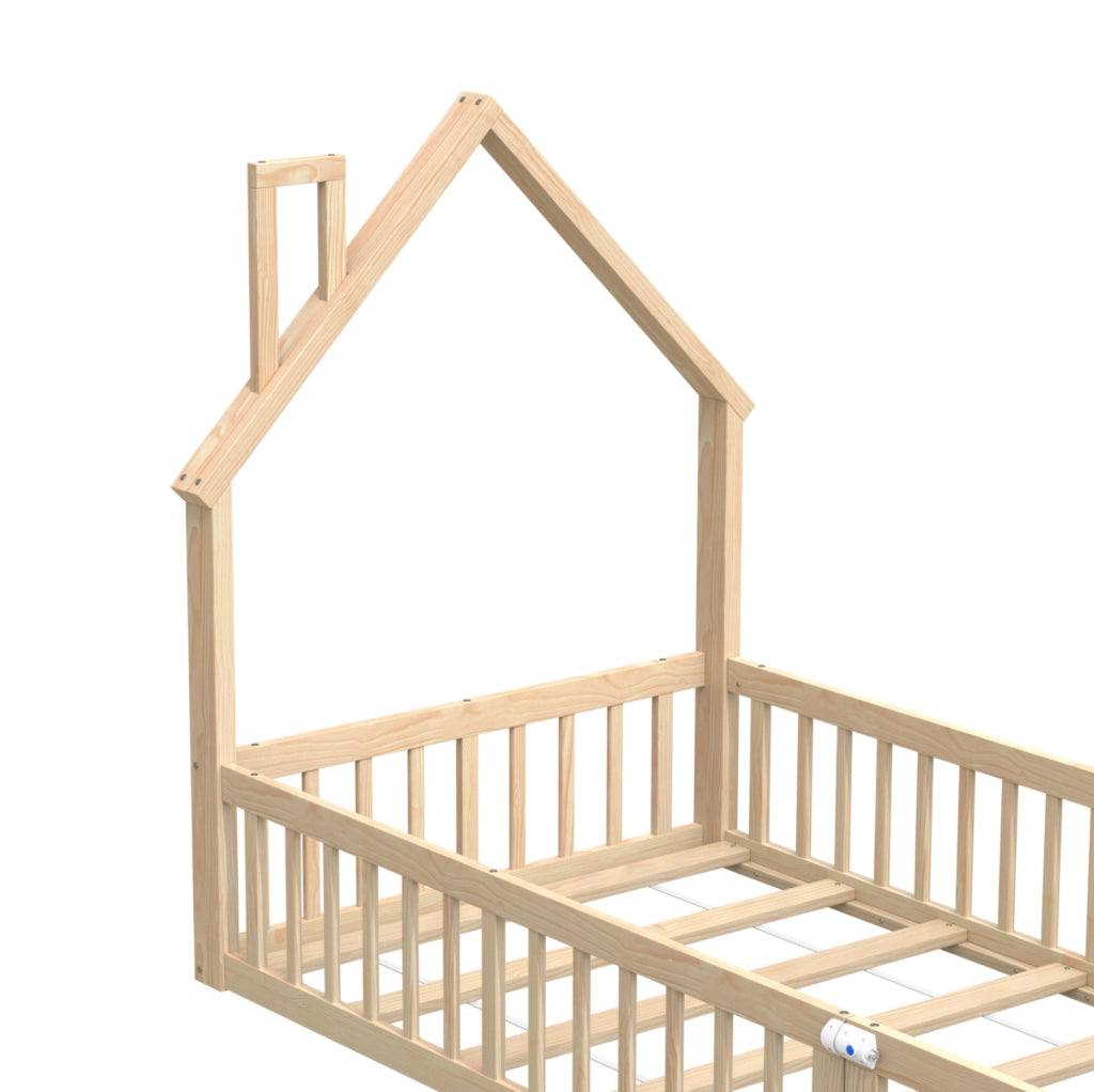 Letto a casetta 90x200 cm con design a camino e sponde in pino e MDF colore naturale