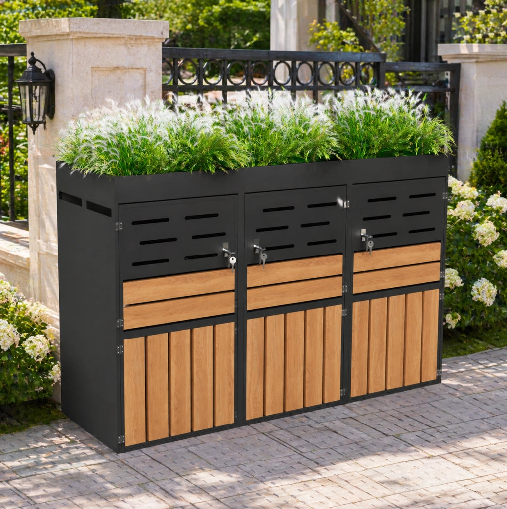 Armadio da esterno 2-in-1 con fioriera integrata; 3 ante separate; 199x80x128 cm; grigio