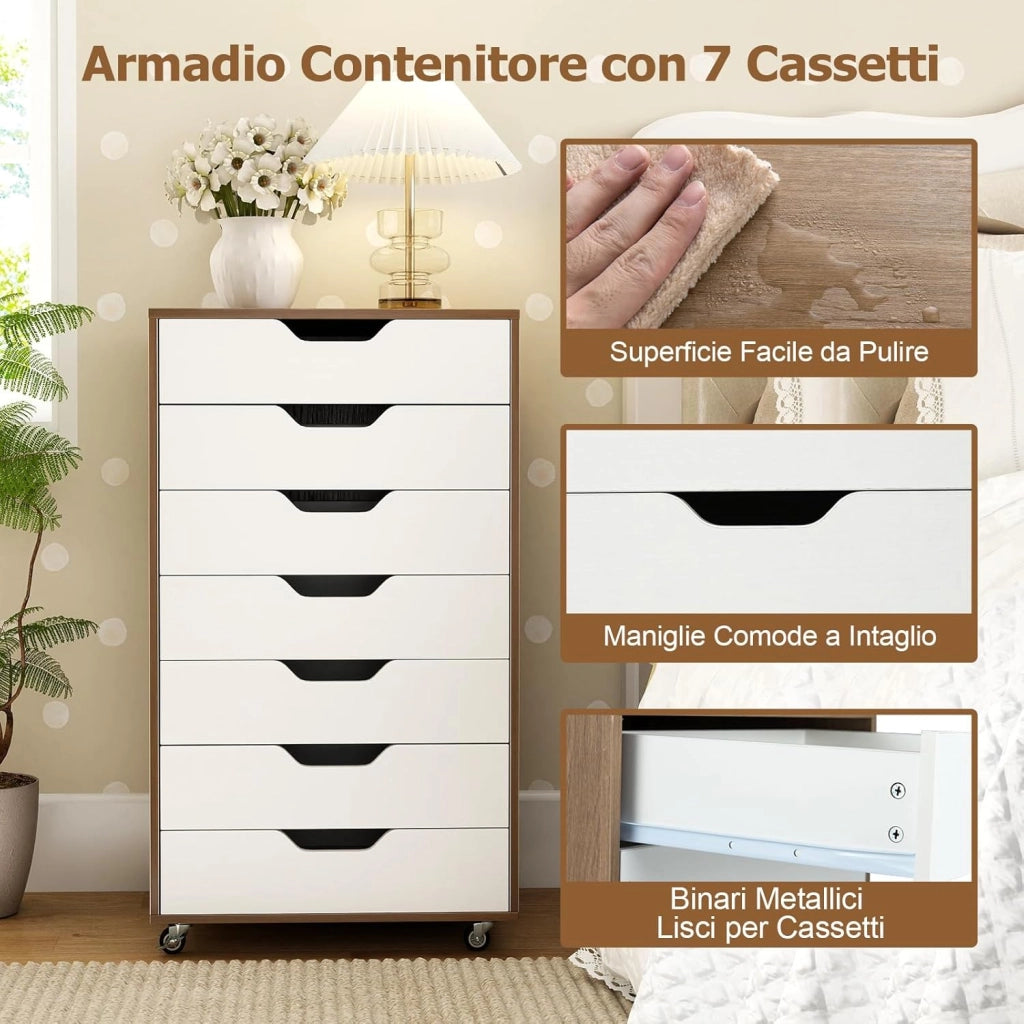 Cassettiera da Ufficio con 7 Cassetti, Mobiletto per Documenti con 4 Ruote Girevoli, Cassettiera da Scrivania in Legno per Ufficio e Soggiorno, 49 x 40 x 87 cm (Naturale + Bianco)