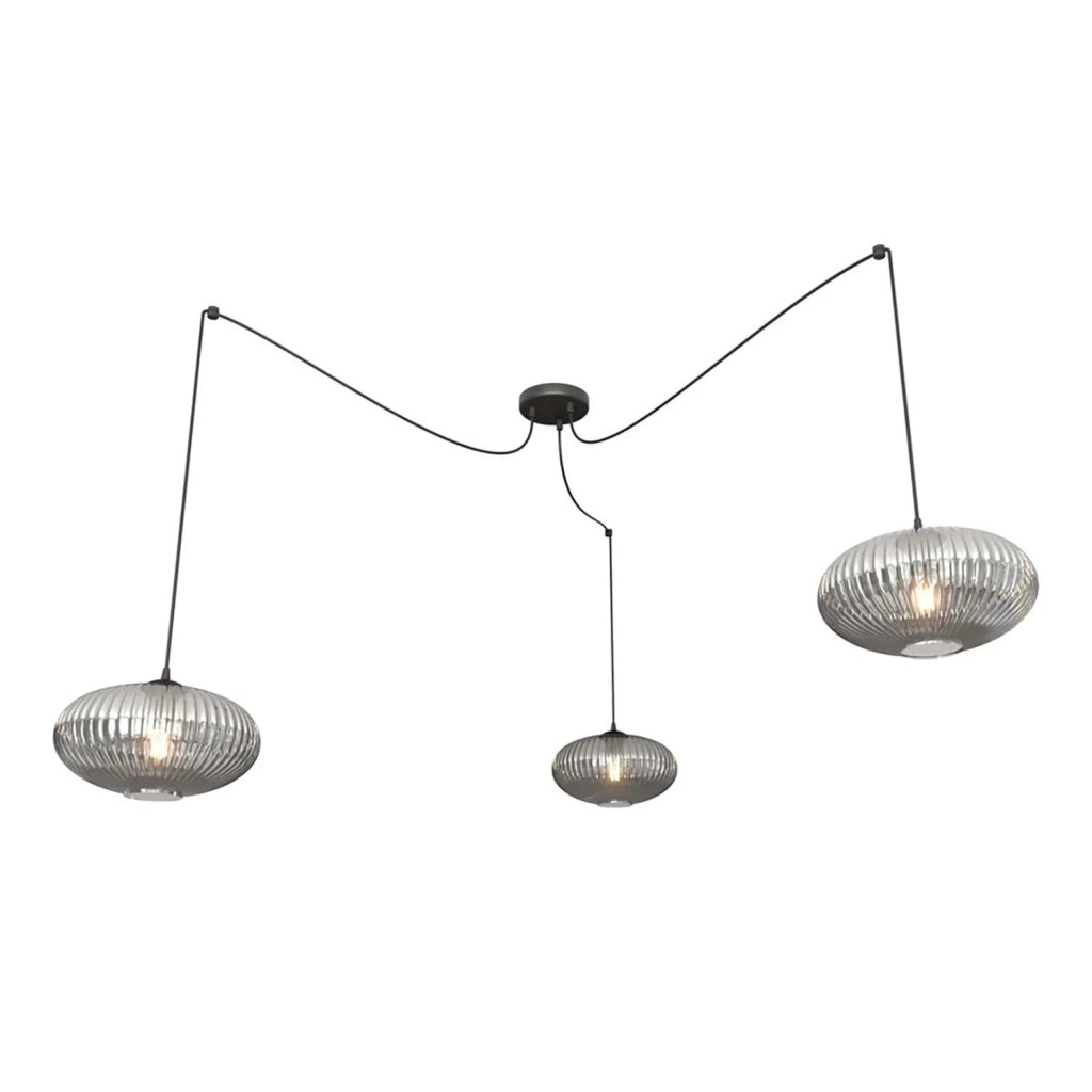 Lampadario 3 Luci Elios In Acciaio Nero Paralume Plissettato Fumè