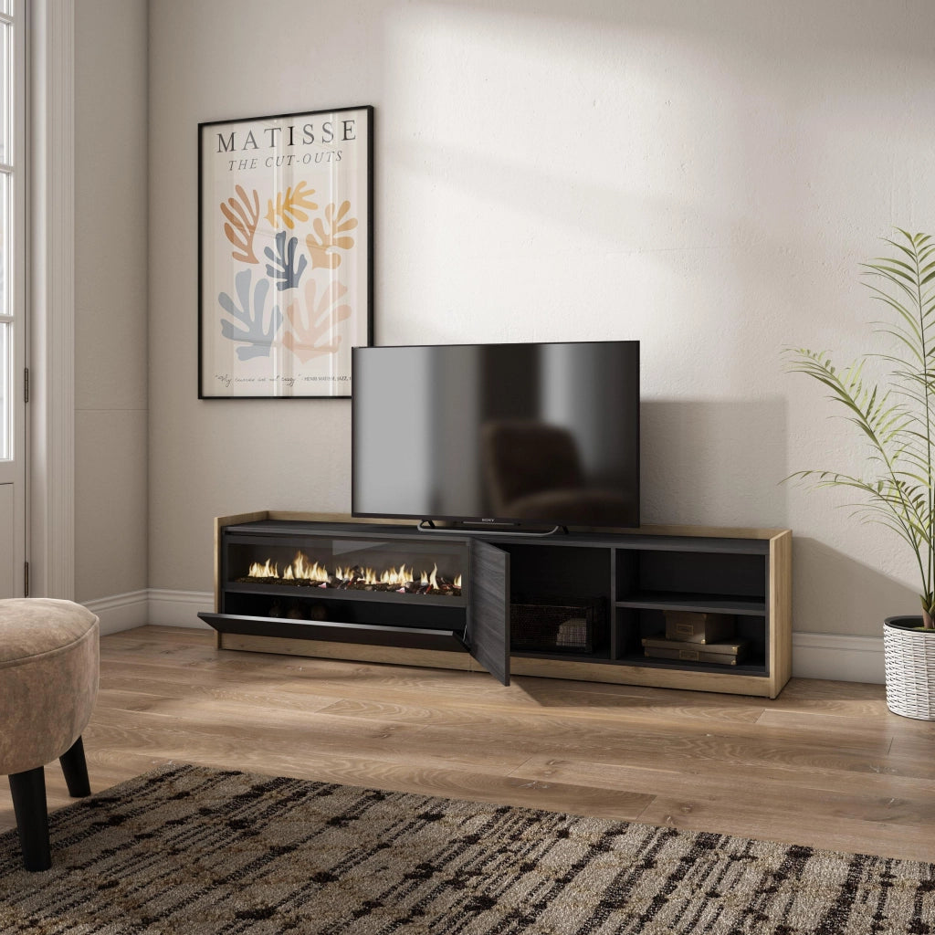 Mobile TV Soggiorno, 207x50x37 cm, Per TV fino a 80", Camino elettrico, Nero e rovere