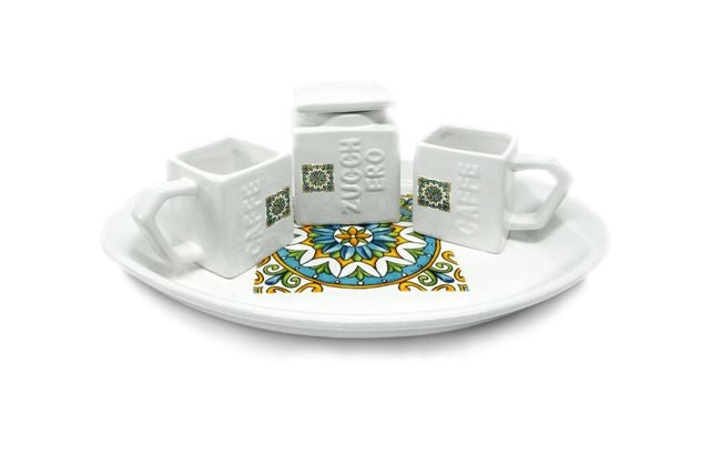 Set Caffe' Zuccheriera Tazzine e Vassoio in Ceramica Decoro Fiore