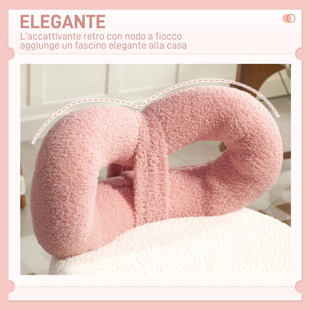 Sgabello Girevole con Schienale a Forma di Fiocco 50x50x63-77 cm in Tessuto Teddy Rosa e Bianco