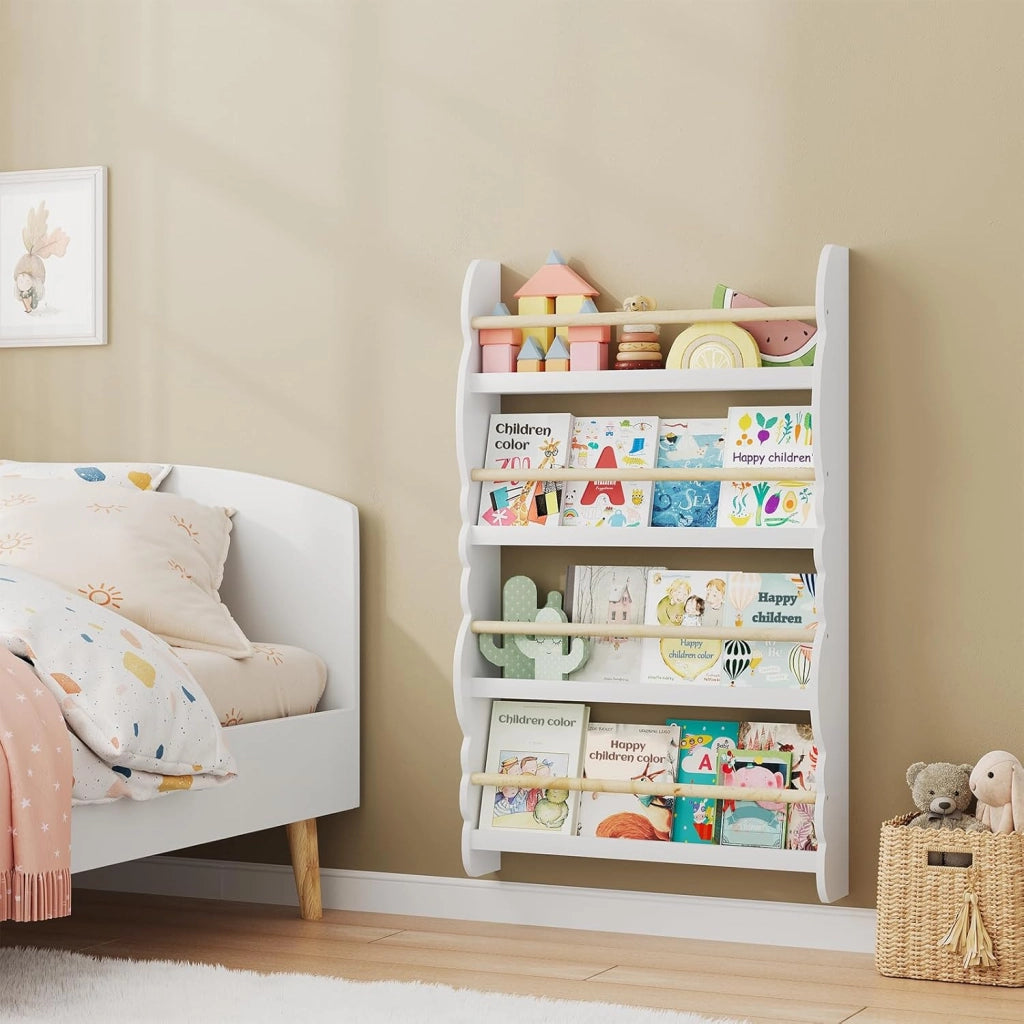 Libreria da Parete per Bambini, Piccola Libreria Frontale a 4 Ripiani in Legno, Scaffale Porta Libri a Muro per Cameretta, Bianco, 60x14,5x98 cm