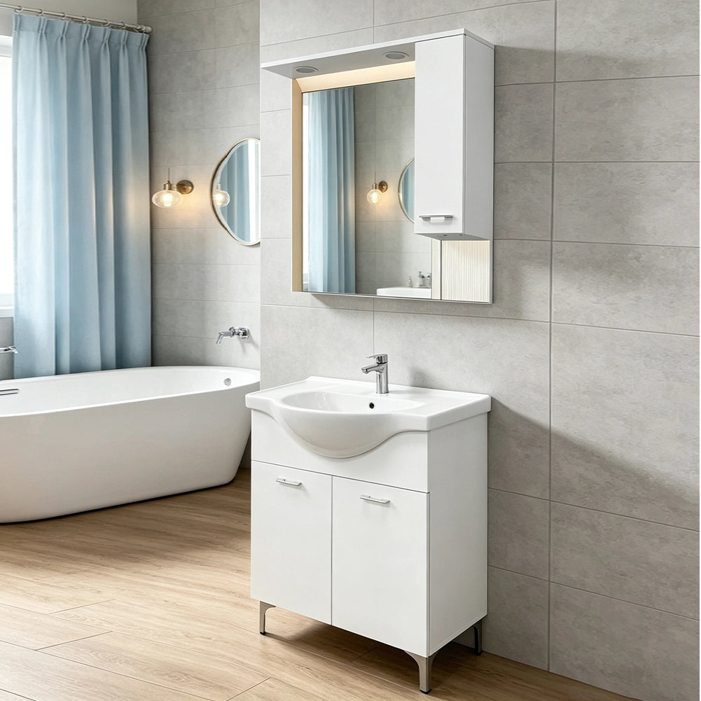 Set Completo Mobile da Bagno da Terra 85 cm con Due Ante Bianco Specchio e Accessori
