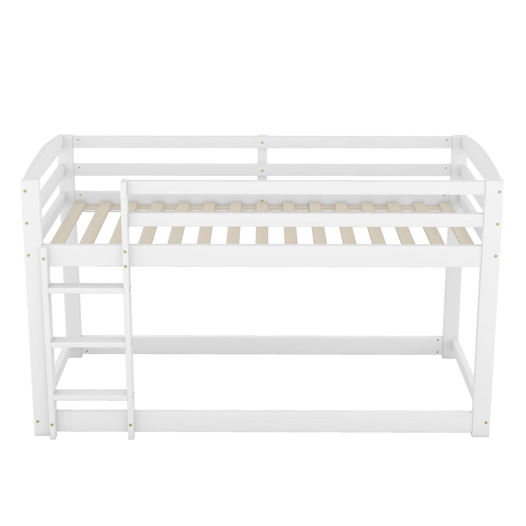 Letto a Castello 2 Posti; Profilo Basso con Sponde di Sicurezza; 90×200 cm; Senza Materasso; Pino; Bianco