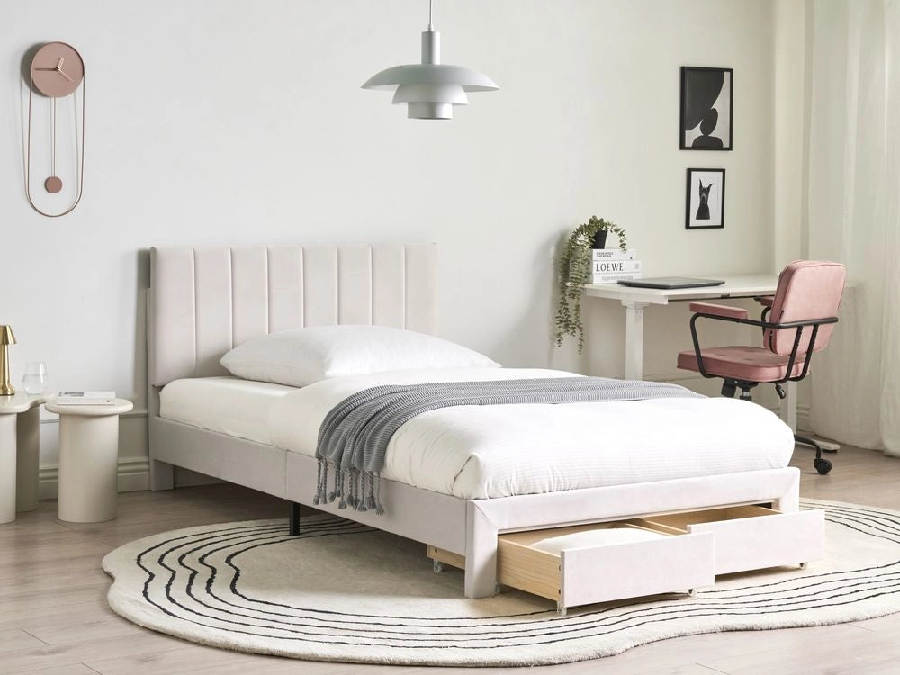 Letto matrimoniale 120 x 200 cm Bianco Sporco Rivestimento in velluto 4ft con cassetti Testiera Base a doghe Moderno