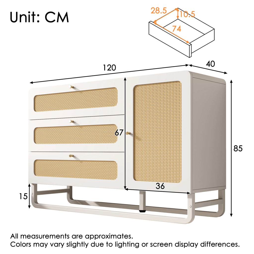 Credenza con 3 cassetti e anta con ripiani regolabili in MDF e metallo bianco 120 × 40 × 85 cm