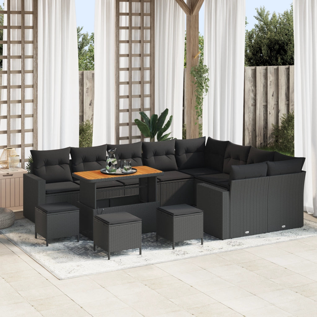 Set Divano da Giardino con 13 Pezzi e Cuscini Nero Polirattan Acacia