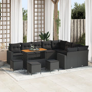 Set Divano da Giardino con 13 Pezzi e Cuscini Nero Polirattan Acacia