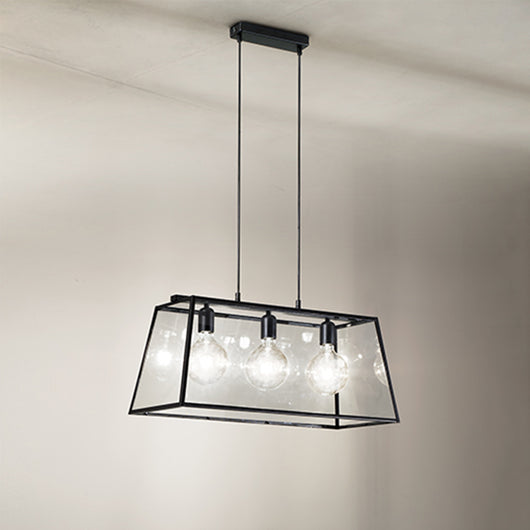 Lampadario Contemporaneo Teca Metallo Nero Vetro 3 Luci E27