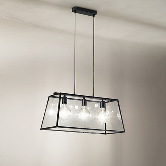 Lampadario Contemporaneo Teca Metallo Nero Vetro 3 Luci E27