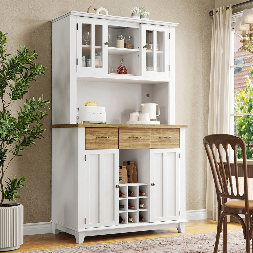 Vaisselier basso cucina - Xylo - LED, ripiani regolabili, cassetti in legno, bianco