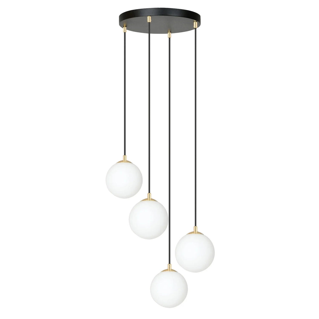 Sospensione Contemporanea Nuada 4 Luci In Acciaio Nero/Oro Sfere Vetro Bianco