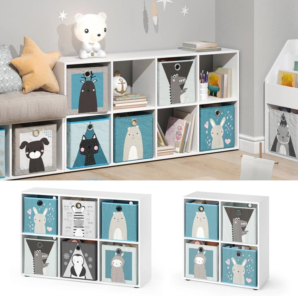 Libreria bambini, Bianco, 72 x 107.8 cm con 6 scatole pieghevoli, adatto per riporre giocattoli e libri